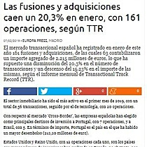 Las fusiones y adquisiciones caen un 20,3% en enero, con 161 operaciones, segn TTR